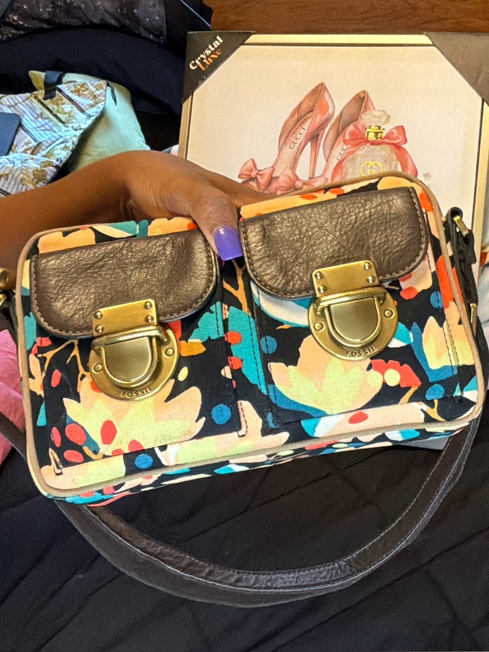 Fossil Floral Canvas Crossbody Multicolor Print Brown Leather Turn Lock Pockets